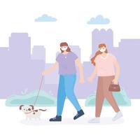 personer med medicinsk ansiktsmask, flicka med väska och kvinna med hund, stadsaktivitet under koronavirus vektor