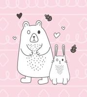 niedliche Tiere skizzieren Wildtierkarikatur entzückenden Bärenkaninchenliebesherzen rosa Hintergrund vektor