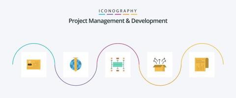 Projektmanagement und Entwicklung Flat 5 Icon Pack inklusive Launch. freigeben. Markt. Planung. Unternehmen vektor