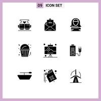 Stock Vector Icon Pack mit 9 Zeilen Zeichen und Symbolen für Lebensmittel Popcorn Buchstaben Islam Charakter editierbare Vektordesign-Elemente