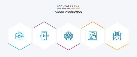 Videoproduktion 25 blaue Icon-Packs mit Prominenten. Darsteller. Lautsprecher. Vintage Rolle. Filmrolle vektor