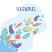 ingredienser för färska grönsaker som faller i salladsskålen vektor