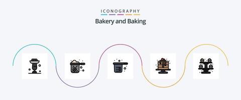 bakning linje fylld platt 5 ikon packa Inklusive kaka. bakning. restaurang. mätning. matlagning vektor