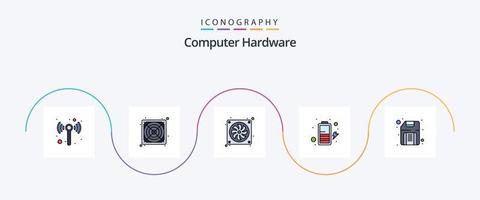 Computerhardware-Linie gefülltes flaches 5-Icon-Paket einschließlich . Diskette. Ventilator. Scheibe. Energie vektor