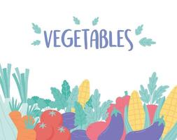 Ernte saftiges und reifes Gemüse Auberginen Mais Karotte Tomate und Pfeffer vektor