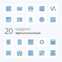 20 Icon Pack für digitales Recht und Tonstudio in blauer Farbe wie Gain-Audiomonitor-Musikdeck vektor