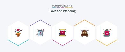 Hochzeits-Icon-Paket mit 25 gefüllten Linien, einschließlich Kaffee. Zimmer. Romantik. Liebe. Hochzeit vektor