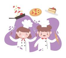 små flickor kock seriefigur med pizzakaka och redskap vektor