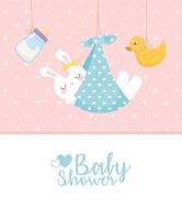 baby shower, hängande kaninand och mjölkflaska, välkomna nyfödda firande kort vektor