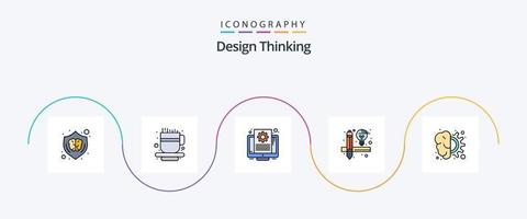 Design-Thinking-Line-Flat-5-Icon-Pack mit Ausrüstung. Gehirn. dokumentieren. Werkzeug. kreativ vektor