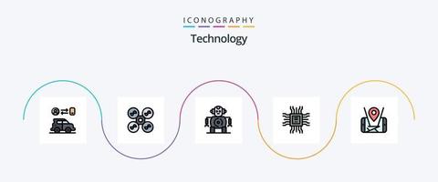 Technologielinie gefülltes flaches 5-Icon-Paket einschließlich Standort. Karte. cnc. Technologie. Zentralprozessor vektor