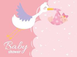 Babyparty, Storch mit kleinem Mädchen begrüßen neugeborene Feierkarte vektor