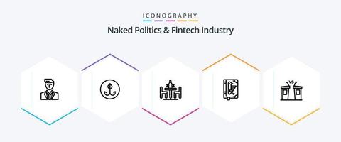 nackte Politik und Fintech-Industrie 25-Zeilen-Icon-Pack inklusive Erklärung. Kodex. Sport. Buchen. Diplomatie vektor