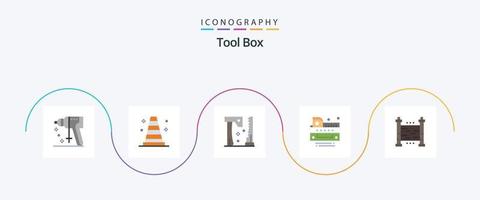 verktyg platt 5 ikon packa Inklusive säkerhet. staket. konstruktion. bandlina. mätning vektor