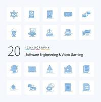 20 blaue Icon-Packs für Softwareentwicklung und Videospiele wie ein Spiel veröffentlichen eine neue Startup-Mission vektor