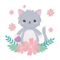 kleine graue Katze mit Blumen und Laub Cartoon Tier vektor