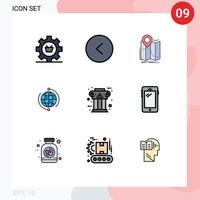 Gruppe von 9 modernen Filledline-Flachfarben, die für das Verbindungsgeschäft eingestellt wurden Linke Globus-Navigation editierbare Vektordesign-Elemente vektor