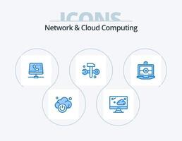 Netzwerk und Cloud-Computing blaues Icon Pack 5 Icon Design. kreuzen. Laptop. Hilfe. IT-Lösungen. Datenbanken vektor