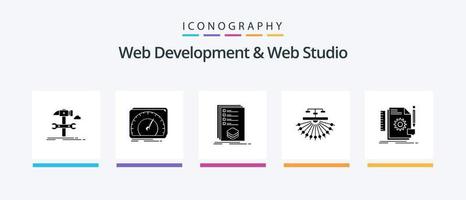 Webentwicklung und Webstudio Glyph 5 Icon Pack inklusive Website. Optimierung. Prüfung. Kennzeichen. Liste. kreatives Symboldesign vektor