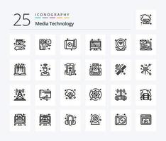 Medientechnologie 25-Zeilen-Icon-Pack einschließlich Schallwellen. Ausgleich. Recorder. App. Technologie vektor