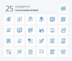 Kommunikation und Medien 25 blaue Symbolpakete inklusive Video. Globus. Kommunikation. Suche. Unternehmen vektor