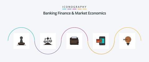 Bankfinanzierung und Marktwirtschaftslinie gefülltes flaches 5-Icon-Paket einschließlich Finanzen. Geldbörse. Gericht. Waage. legal vektor