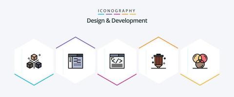 Design und Entwicklung 25 gefüllte Symbolpakete inklusive Entwicklung. Kodierung. Seite. Web Entwicklung. Internetinhalt vektor