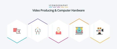 video producerar och dator hårdvara 25 platt ikon packa Inklusive filma. bio. mänsklig. lady. karaktär vektor