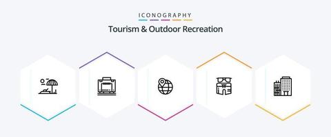 Tourismus und Outdoor-Erholung 25-Zeilen-Icon-Pack einschließlich Gebäude. Hose. Karte. Strand. Sommer vektor