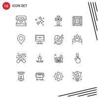Stock Vector Icon Pack mit 16 Zeilenzeichen und Symbolen für den Standort Microchip Wash CPU Cross editierbare Vektordesign-Elemente
