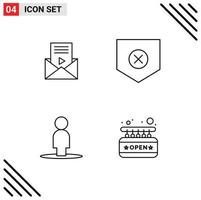 Stock Vektor Icon Pack mit 4 Zeilenzeichen und Symbolen für Mail People Video Player Schild Board editierbare Vektordesign-Elemente