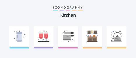 Küchenwohnung 5 Icon Pack inklusive Tee. Frühstück. Küche. Küche. Essen. kreatives Symboldesign vektor