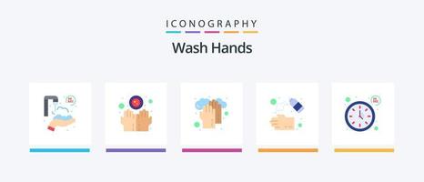 Hände waschen flach 5 Icon Pack inklusive Uhr. Seife. Gesundheitswesen. Hand. Handspray. kreatives Symboldesign vektor