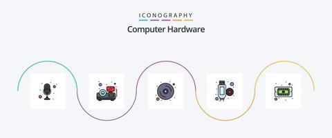 dator hårdvara linje fylld platt 5 ikon packa Inklusive cpu. chip. dator. hdmi. kabel- vektor