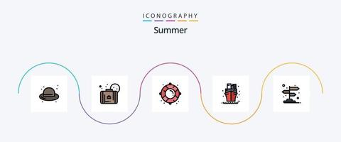 sommar linje fylld platt 5 ikon packa Inklusive vägbeskrivningar. sommar. boj. fartyg. segelbåt vektor