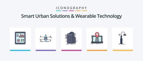 Intelligente urbane Lösungen und tragbare Technologielinie gefüllt mit 5 Symbolpaketen einschließlich Straße. Verkehr. Fabrik. Route. System. kreatives Symboldesign vektor