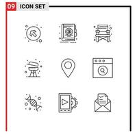 Stock Vector Icon Pack mit 9 Zeilen Zeichen und Symbolen für Pin-Karte Camping Standort Ausrüstung editierbare Vektordesign-Elemente