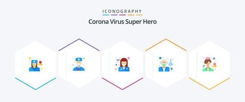 Corona-Virus-Superheld 25 Flat Icon Pack inklusive Frau. Wissenschaftler. Mädchen. Professor. Alter Mann vektor