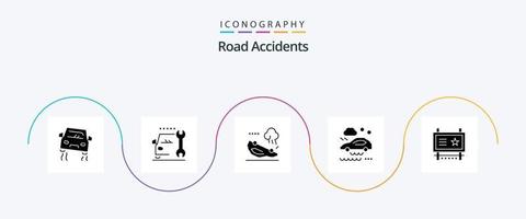 väg olyckor glyf 5 ikon packa Inklusive reklam. våt väg. olycka. regn. dålig väder tillstånd vektor