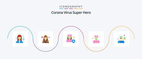 Corona-Virus-Superhelden-Flat-5-Icon-Pack inklusive Arzt. Arzt. weiblich. Schild. Medizin vektor