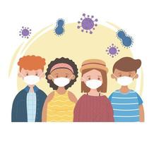 Gruppe junge Menschen mit Schutzmasken Zeichen, Coronavirus Pandemie Covid 19 vektor