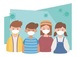 Gruppe junge Menschen mit Schutzmasken Zeichen, Coronavirus Pandemie Covid 19 vektor