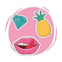 Lippen Ananas und Diamant Patch Dekoration Symbol vektor