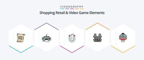 Shopping Einzelhandel und Videospielelemente 25 gefüllte Symbolpakete inklusive Shuttle. Sicherheit. Gamepad. Leben. Werkzeug vektor