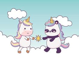 kawaii Einhorn und Panda mit Stern in Wolken Zeichentrickfigur magische Fantasie vektor