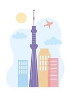 Wolkenkratzer mit Antennenbau fliegende Flugzeug-Skyline-Stadt