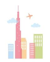 fliegende Flugzeug Wolkenkratzer Skyline Architektur Stadtszene vektor