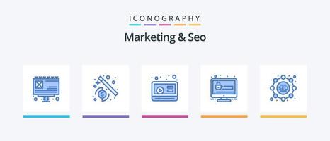 Marketing und SEO Blue 5 Icon Pack inklusive . Taktik. Youtube. Strategie. Sicherheit. kreatives Symboldesign vektor