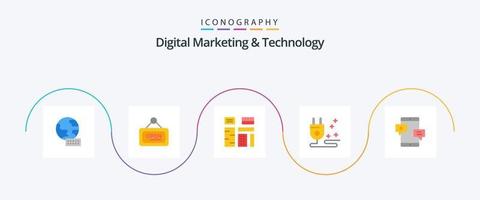 digitales Marketing und Technologie Flat 5 Icon Pack inklusive Medien. Plaudern. Inhalt. Marketing. Stecker vektor