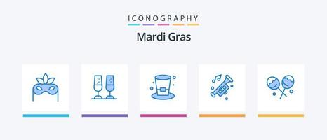 Mardi Gras Blue 5 Icon Pack inklusive Süßwaren. Trompete. Getränk. Lärm. Wagen. kreatives Symboldesign vektor